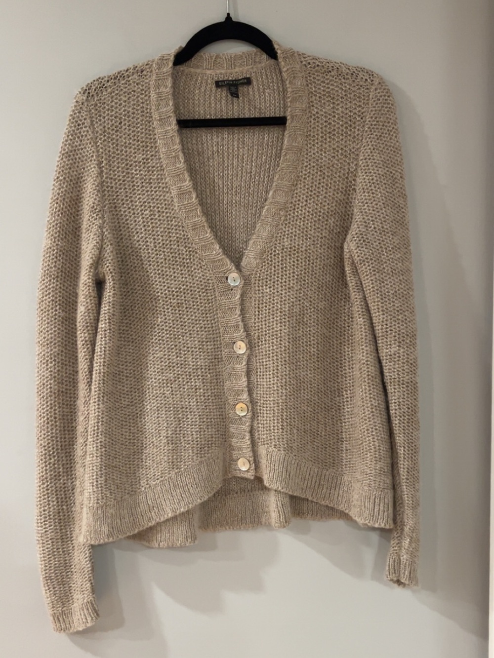 Eileen Fisher Mohair Alpaca Knit V-Neck Mother of Pearl Shell Button Cardigan